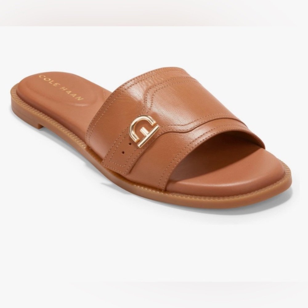 Cole Haan brown buttery leather gold accent casual flat slides sandals Sz 11W